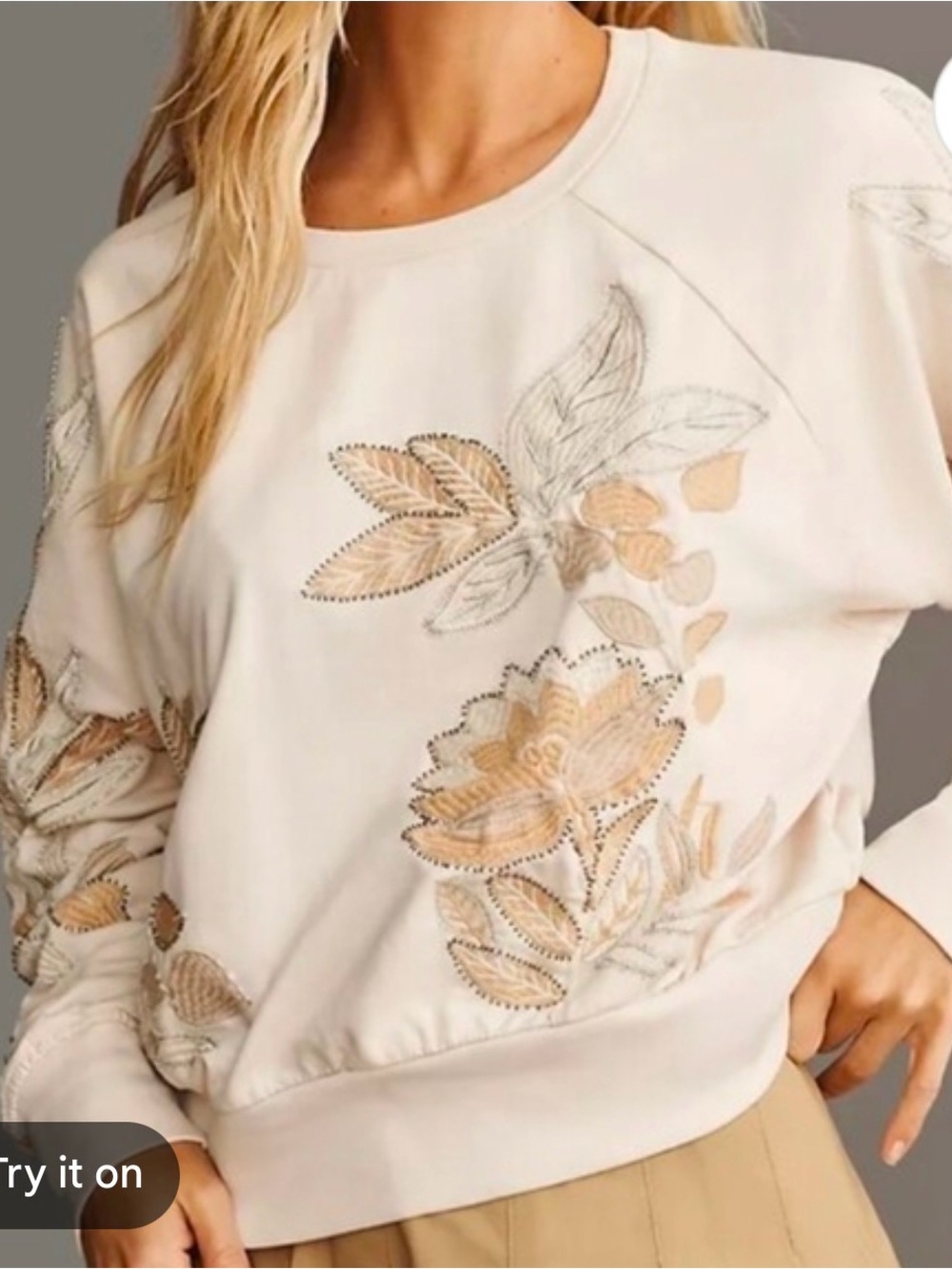 Anthropologie Embroidered Floral Crewneck Sweatshirt - Cream size medium